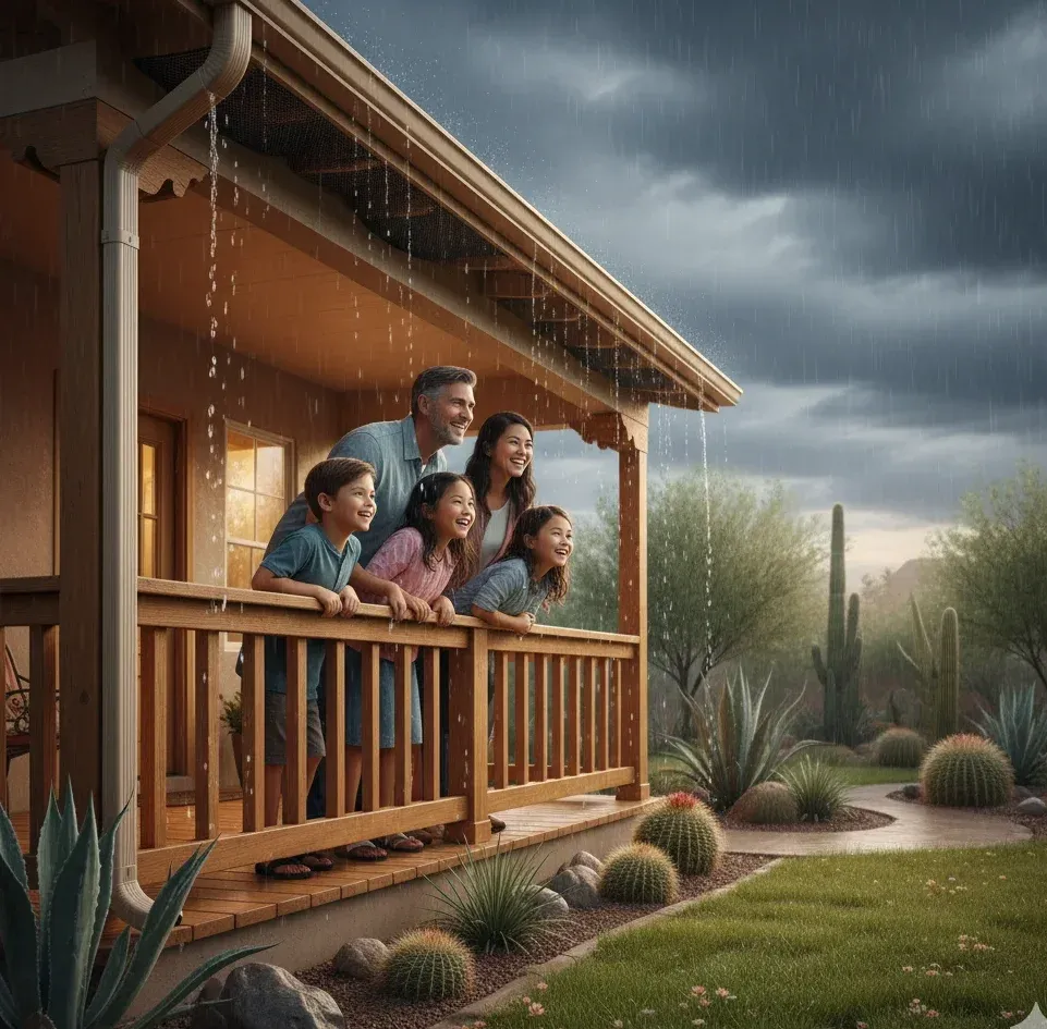 Happy diverse Carlsbad family on porch — Smiling, watching rain safely from porch with gutters and guards visible overhead