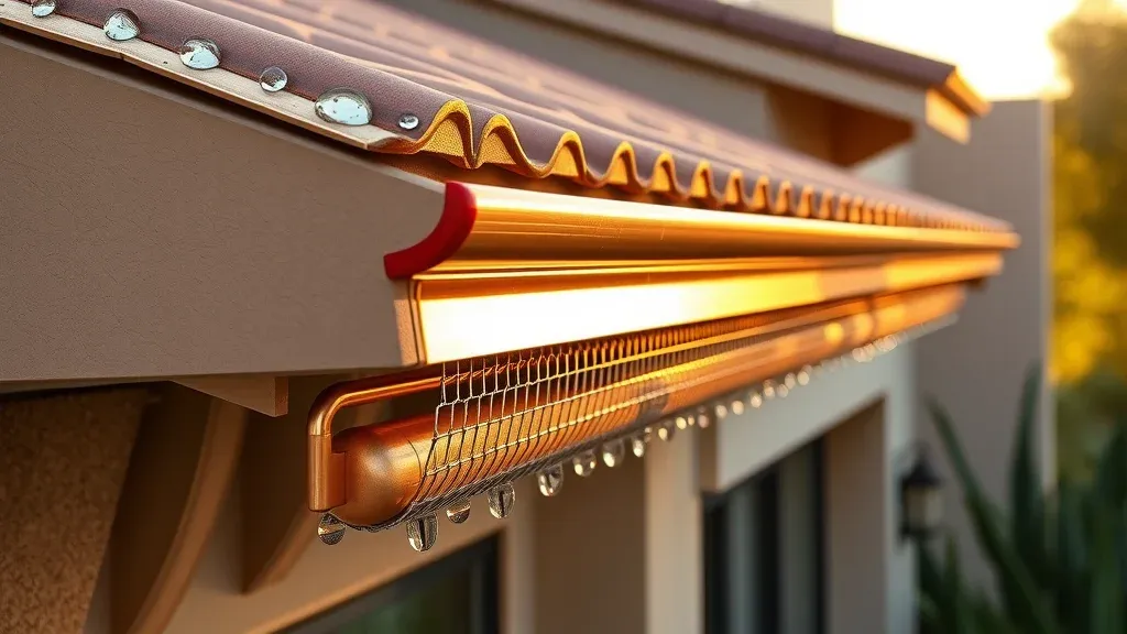 Copper gutters with gutter guards—shining in the Carlsbad NM sun on a Southwestern home
