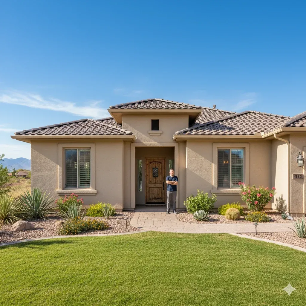 Well-maintained southwestern-style home exterior — welcoming, tidy and proud, displaying a newly cleaned roof, fresh siding, and manicured lawn, styled as photorealistic set in a suburban Carlsbad NM neighborhood with blue skies and desert landscaping