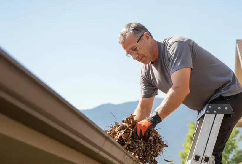 Professional handyman inspecting roof and cleaning gutters — focused and determined, kneeling