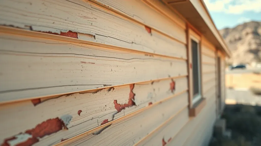 Handyman inspecting roof and cleaning gutters on Carlsbad NM home with toolkit and desert plants