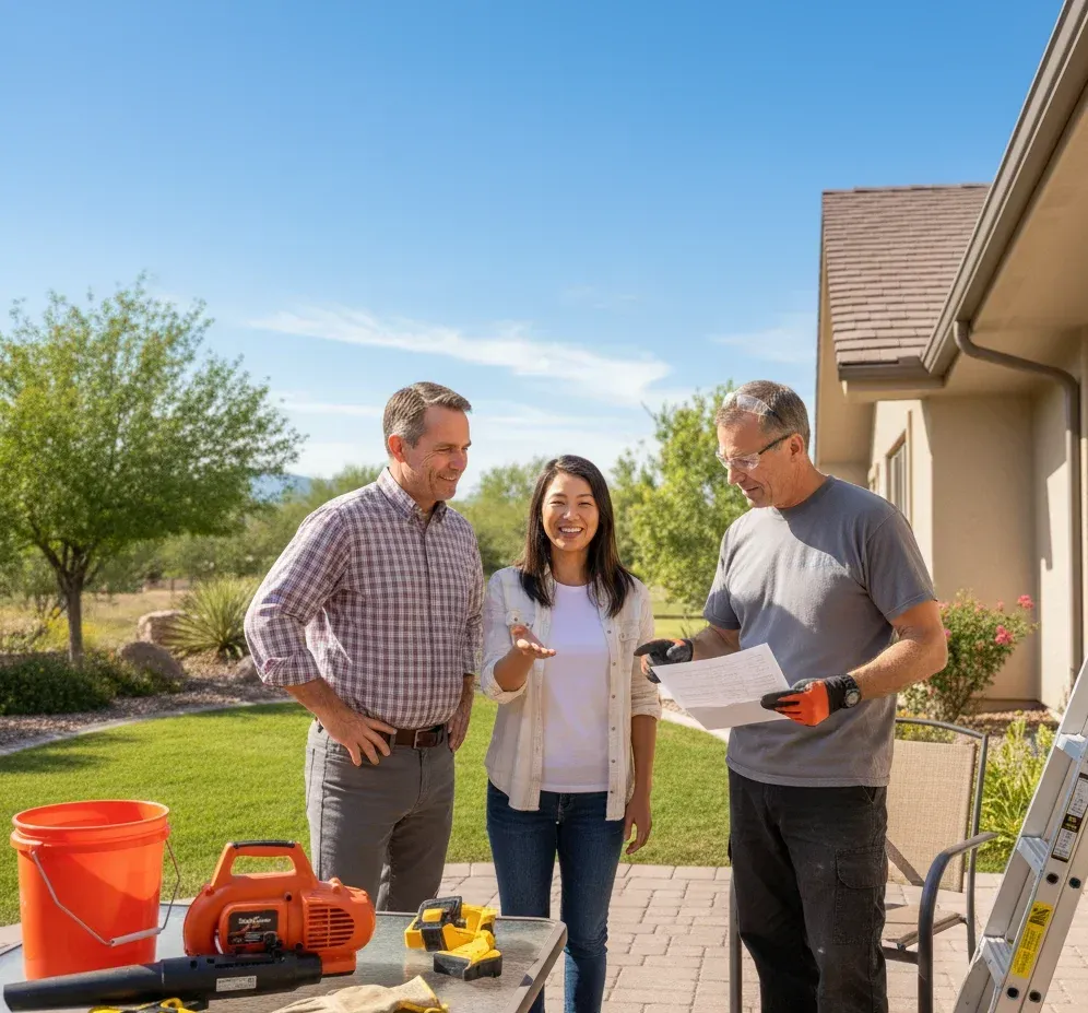 Diverse group of homeowners and a handyman discussing a maintenance checklist — collaborative, positive interaction, styled as photorealistic set on a patio with maintenance tools and a home exterior in view