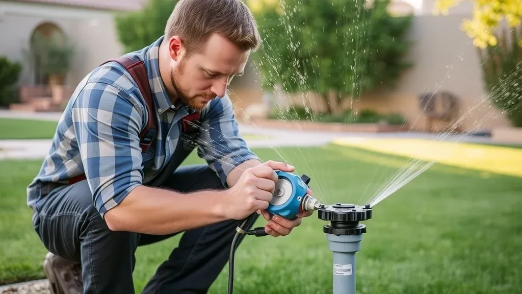Technician adjusting outdoor sprinkler system gizmo maintenance Carlsbad NM backyard