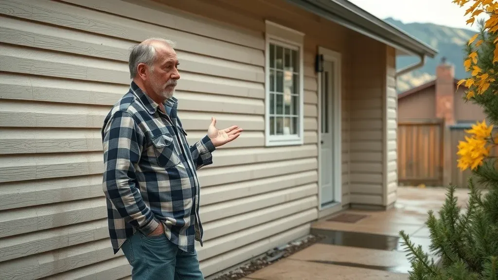 Concerned homeowner checking water damage near their home in Ruidoso with pine trees and mountains in the background, highlighting the importance of water damage prevention gutters Ruidoso