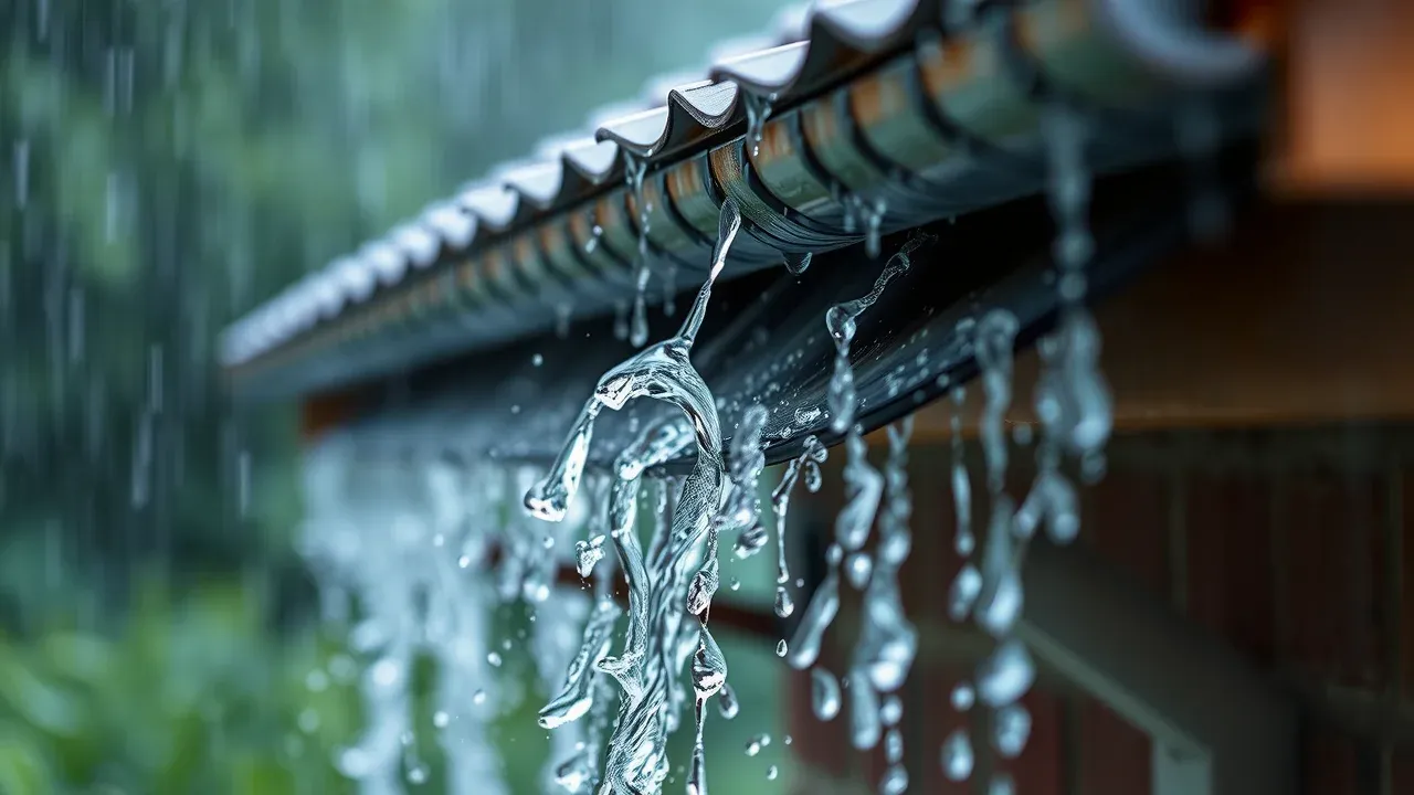 Overflowing gutter on a Ruidoso home during a rainstorm, showing water missing the gutter system and emphasizing the need for water damage prevention gutters Ruidoso