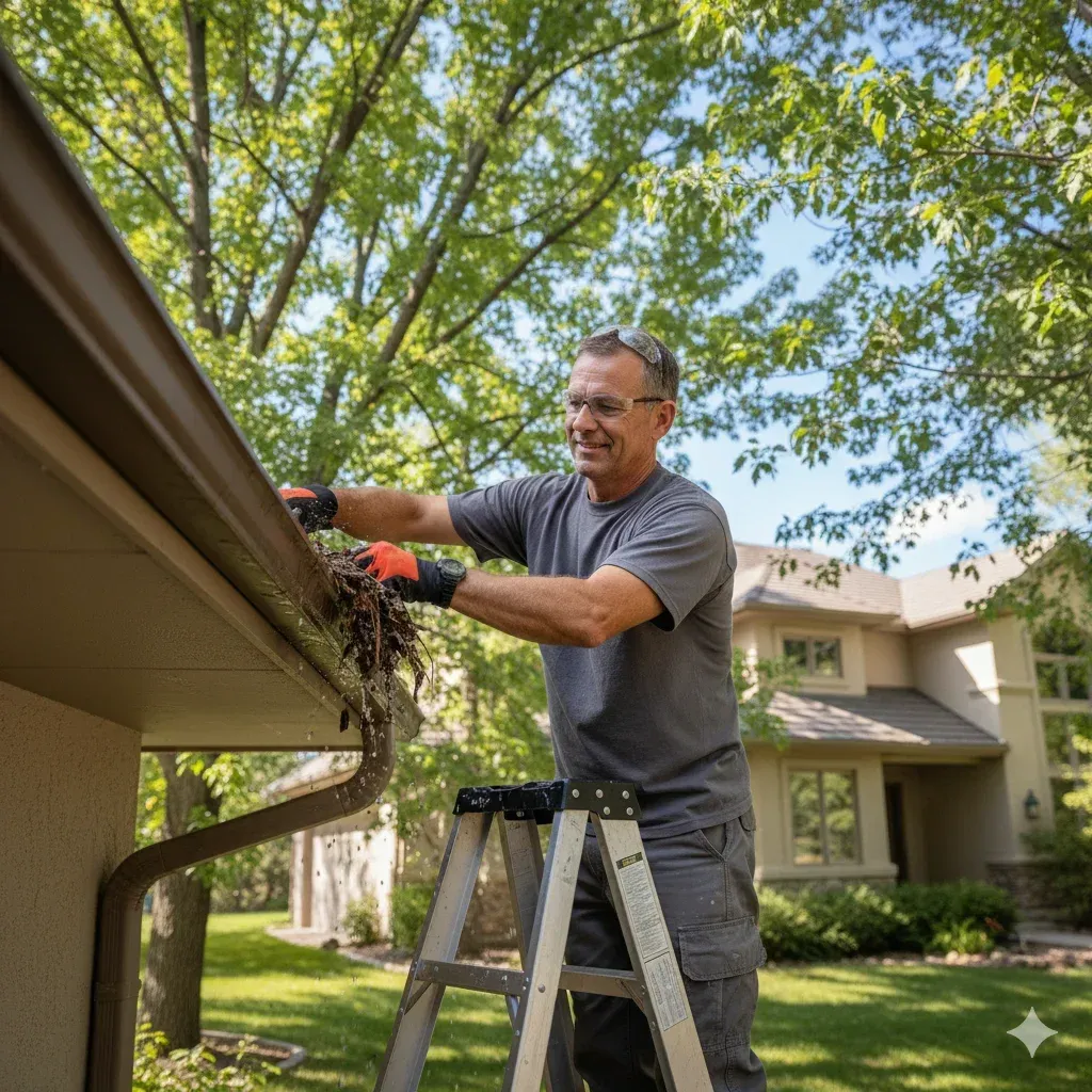 Experienced technician cleaning gutters with gloved hands — content expression, safely balanced on a ladder, styled as photorealistic set in a leafy Ruidoso yard,
