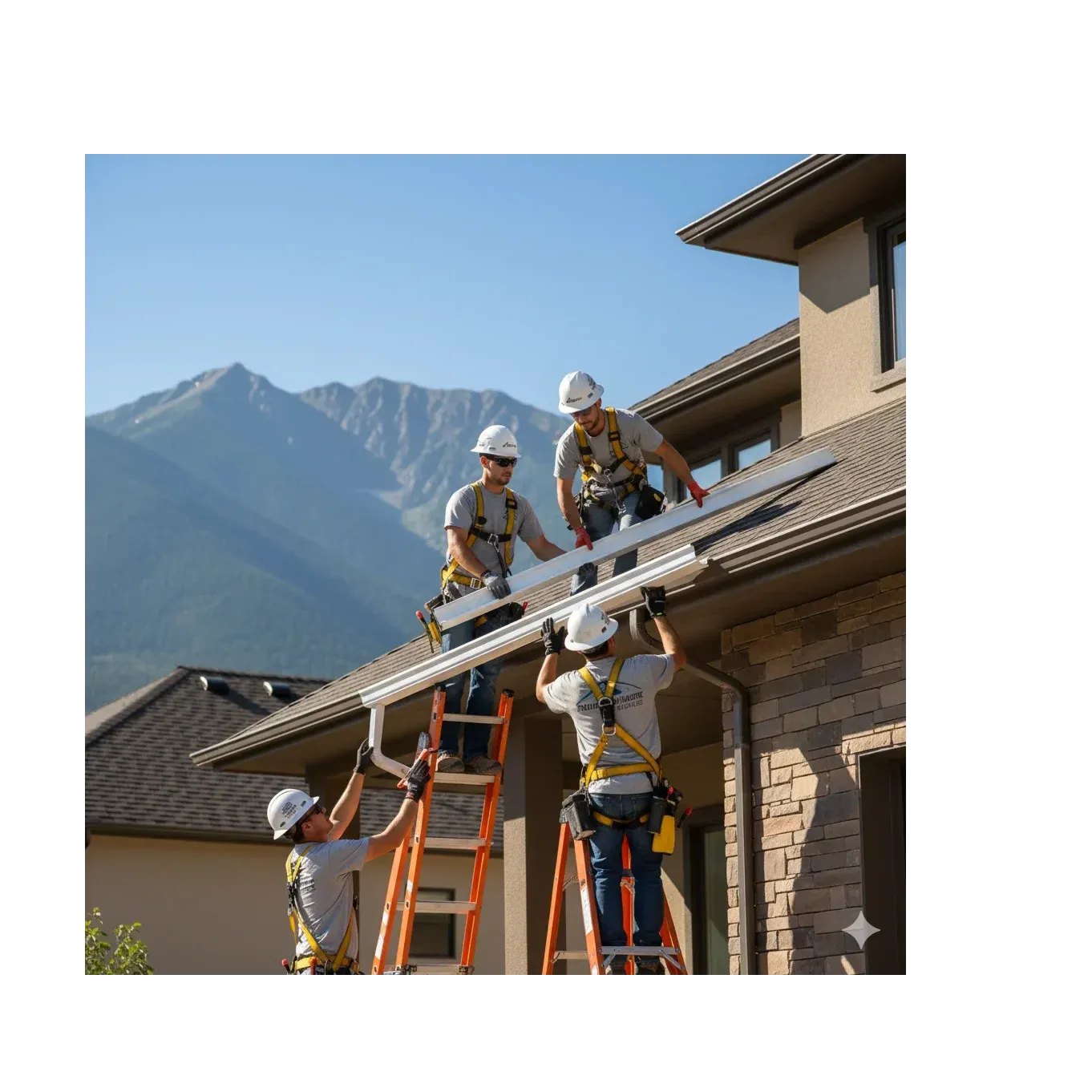 Professional gutter installation team at work installing seamless aluminum gutters — focused and collaborative, positioning gutters onto a modern home, styled as photorealistic set in a sunny Ruidoso neighborhood with clear sky and mountains in the background