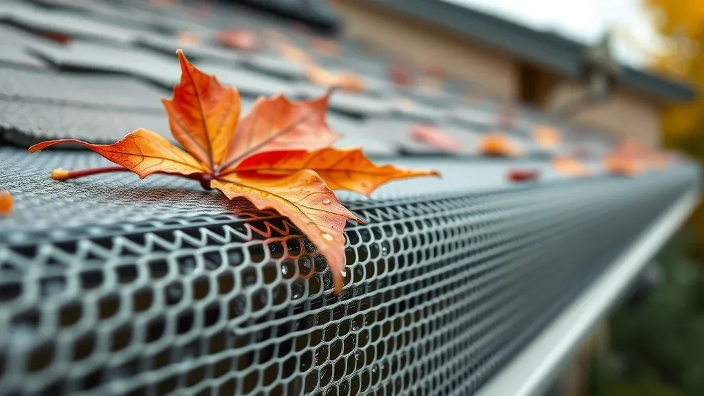 Macro shot of micro-mesh gutter guard installed on a home in Ruidoso, showing clean gutter protection system and seasonal debris for water damage prevention gutters