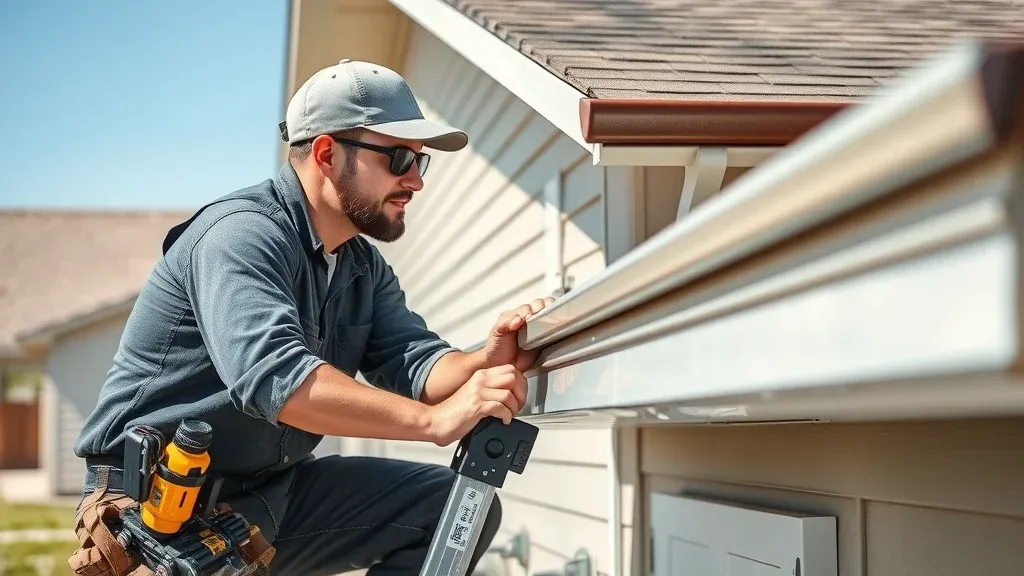 Professional contractor installing seamless gutters along a modern Carlsbad NM home, demonstrating quality gutter installation