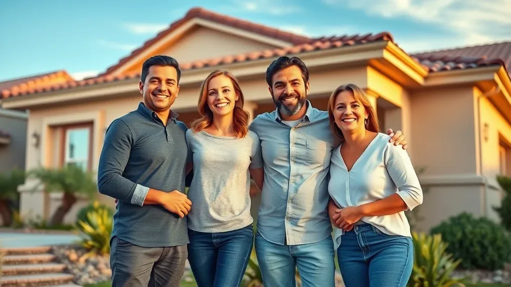 Satisfied family in Carlsbad NM in front of home with new gutters, demonstrating top-rated professional gutter services and installations