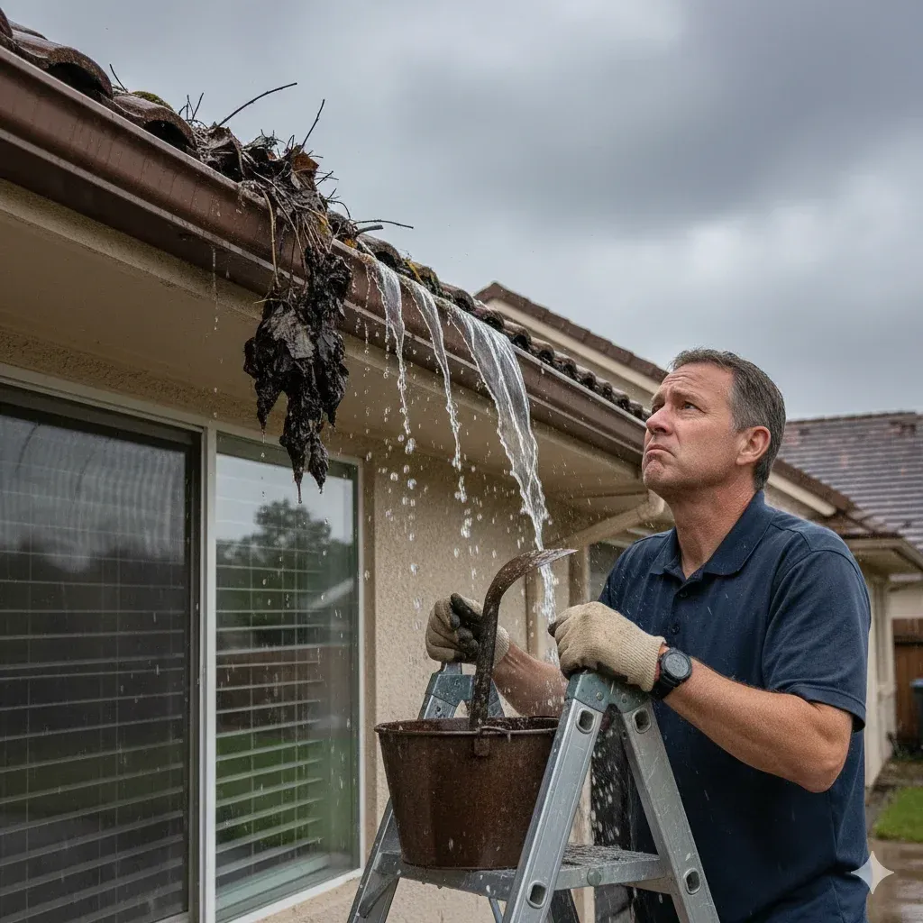 Worried homeowner inspecting overflowing gutters — Concerned facial expression, standing near visibly clogged gutters on the edge of a roof, 