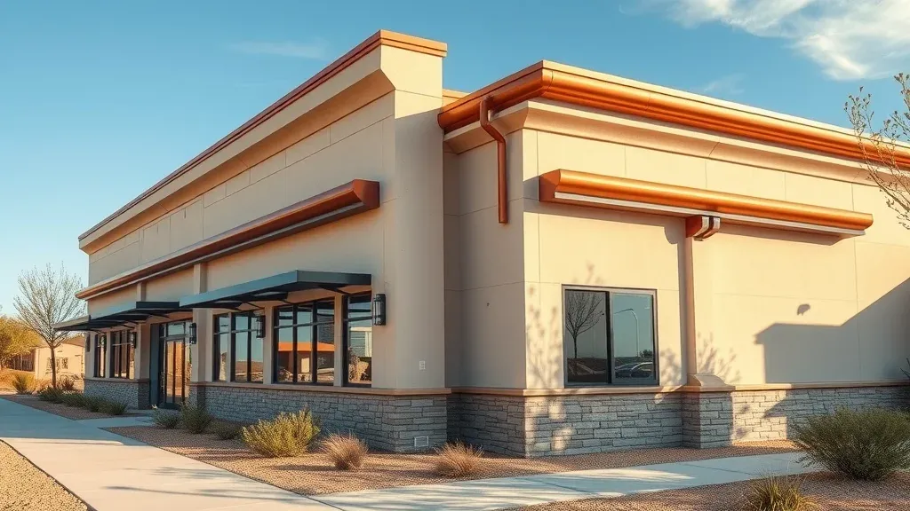 Modern commercial building with seamless and copper gutters in Carlsbad NM business park, featuring durable professional gutter systems