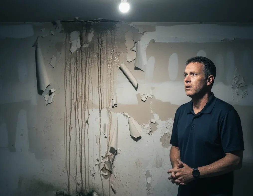 Evidence of gutter-related water damage — Concerned homeowner looking at basement wall with clear water stains and damaged drywall