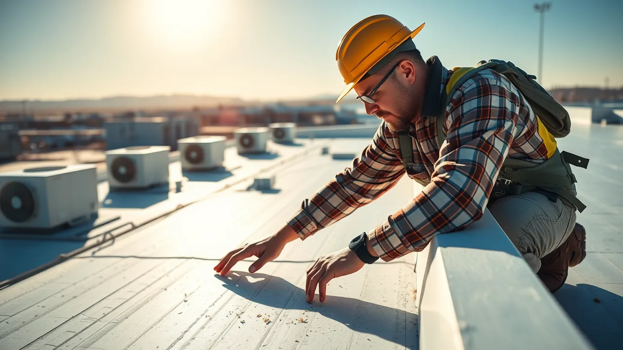 Professional Hobbs commercial roofing contractor inspecting a commercial roof membrane for damage in sunlit Hobbs NM industrial district, HVAC units in background, high realism