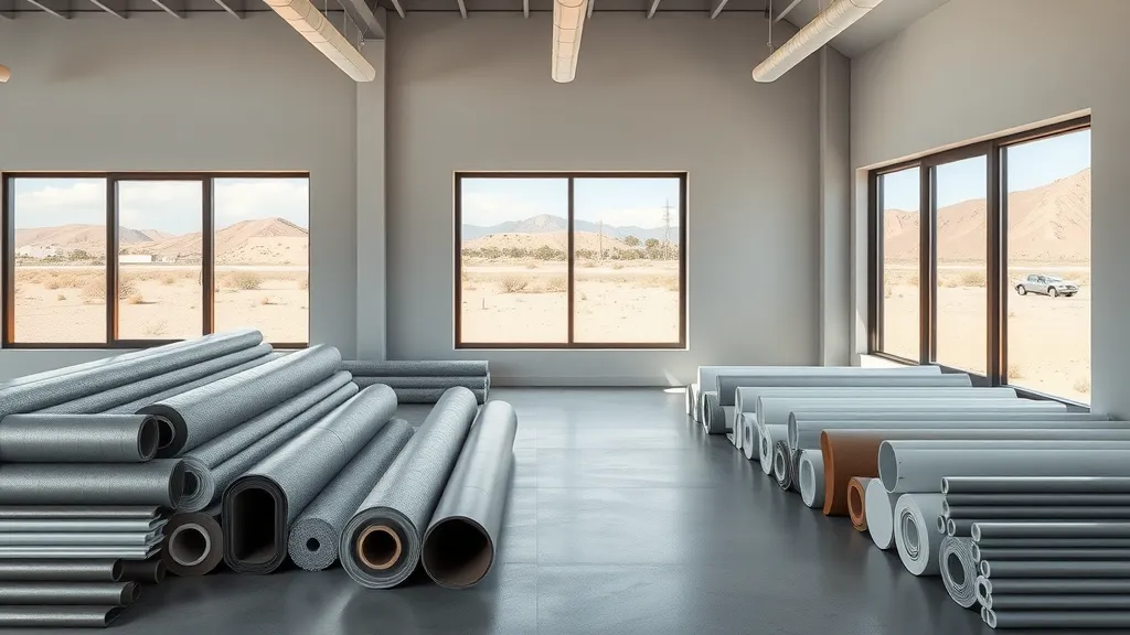 Lineup of typical Hobbs commercial roofing materials and systems—TPO, metal, membrane rolls—arranged in a contractor’s sample room with New Mexico desert visible outside, high realism