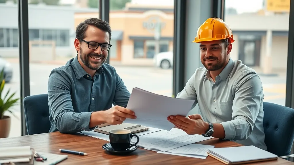 Business owner and roofing contractor reviewing documents and digital roofing plans in a modern Hobbs office, city street visible, fine detail