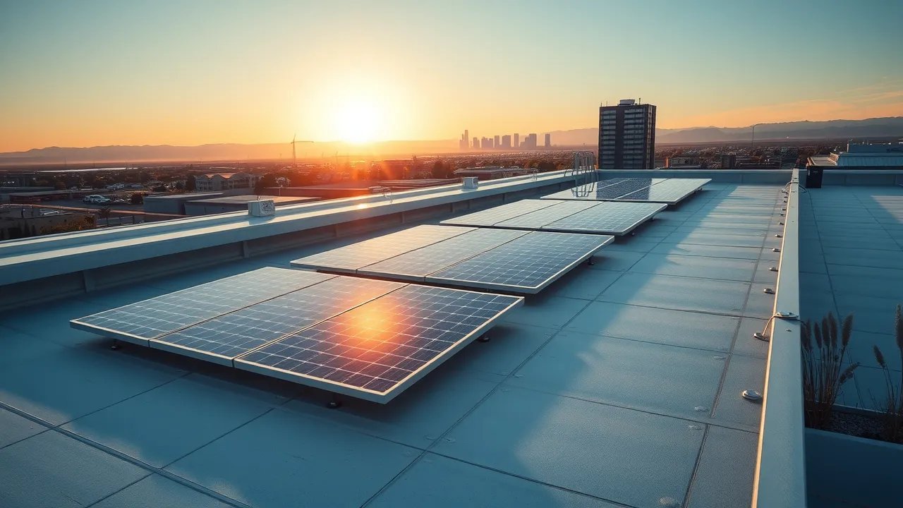 Modern flat roof on Hobbs commercial building with solar panels and advanced drainage, sun flares, golden hour, ultra-high detail