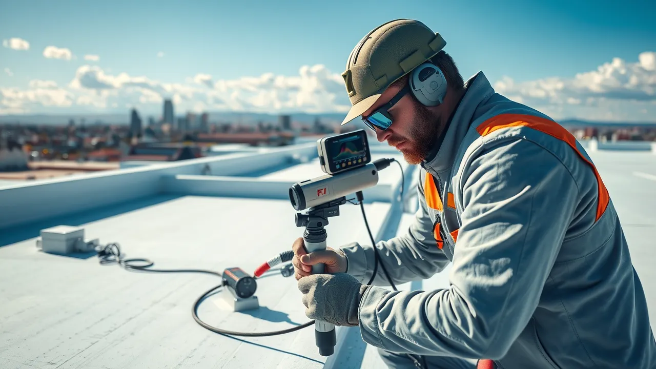 Technician using advanced thermal roof inspection tool, scanning TPO seams for leaks on Hobbs commercial rooftop, extreme realism, morning sunlight