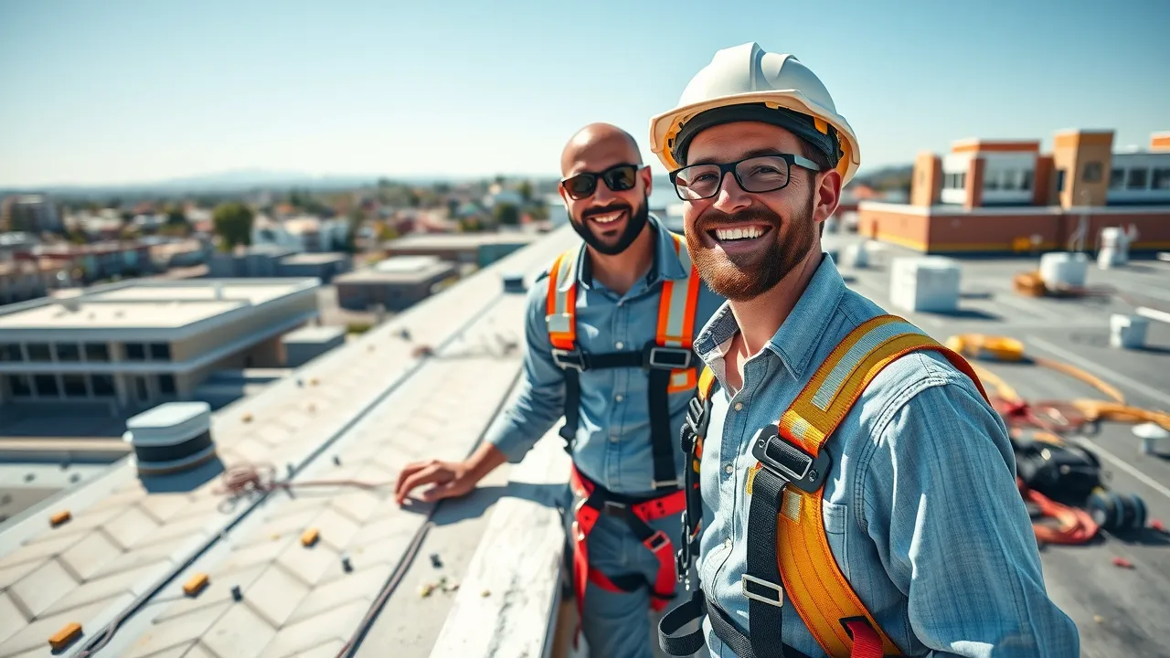 Carlsbad business owners shaking hands with roofing crew next to newly completed commercial roof, rooftop equipment, bright and cheerful