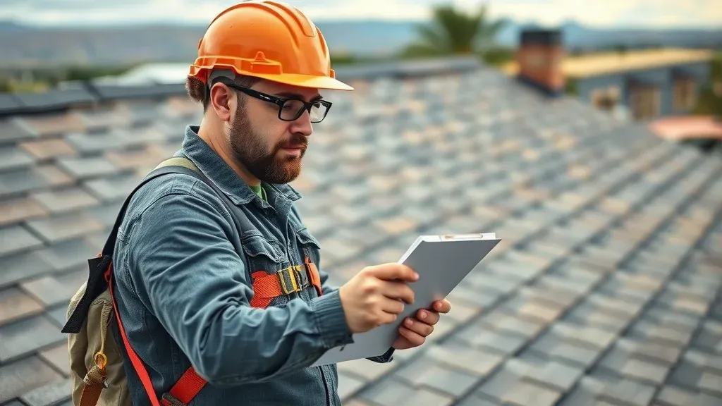 Professional roofing contractor with clipboard inspecting asphalt shingle roof on a typical Eunice NM home, emphasizing roof repair cost and the importance of regular inspections.