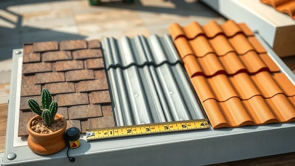 Three roofing material samples including asphalt shingle, metal roof, and tile, displayed with sample textures and measuring tape, highlighting differences in roof restoration cost Eunice NM by material.