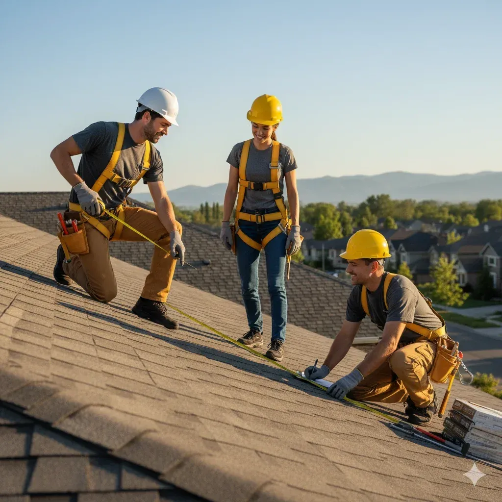 Roofers working with measuring tape on a residential roof — teamwork, friendly concentration, measuring roof dimensions,