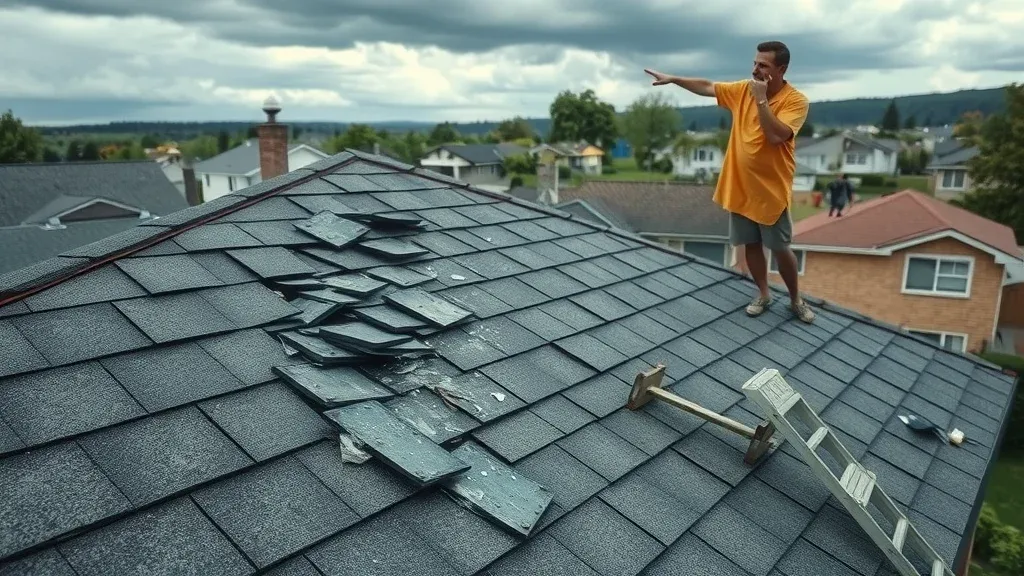 Homeowner concernedly pointing at broken shingles and water stains on a weather-damaged roof section in Eunice, NM, highlighting the impact of storm damage on roof restoration cost.