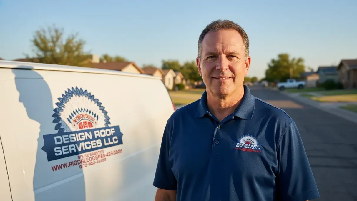Trustworthy local roofing contractor — reassuring, direct eye contact with gentle smile, standing in front of a work van labeled with Design Roof Services LLC company graphics (no text visible), styled as photorealistic set on a quiet Eunice residential street, f