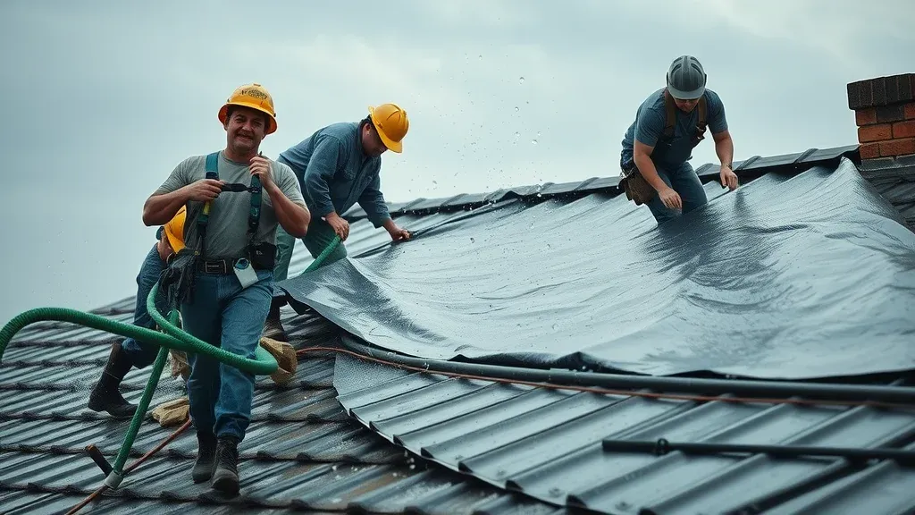 Urgent emergency roof repair crew installing a protective tarp during a rainstorm on a Eunice NM home, highlighting the costs and urgency of post-storm roof repairs over planned restoration.
