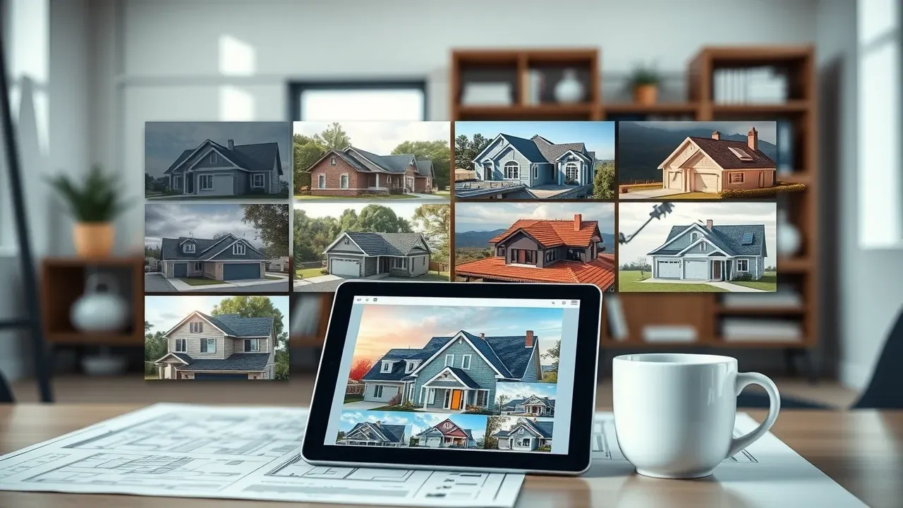 Photo collage showing before-and-after roof restoration projects in Eunice, NM with detailed work, blueprints, and roofing plans in a contractor’s modern office, emphasizing expertise in local roofing project costs.