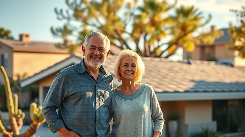 Middle-aged couple proudly standing next to their well-maintained modern roof in a sunlit Eunice NM neighborhood, surrounded by desert plants, New Mexico-style homes, and golden-hour sunlight. Roof restoration cost eunice nm visualized.