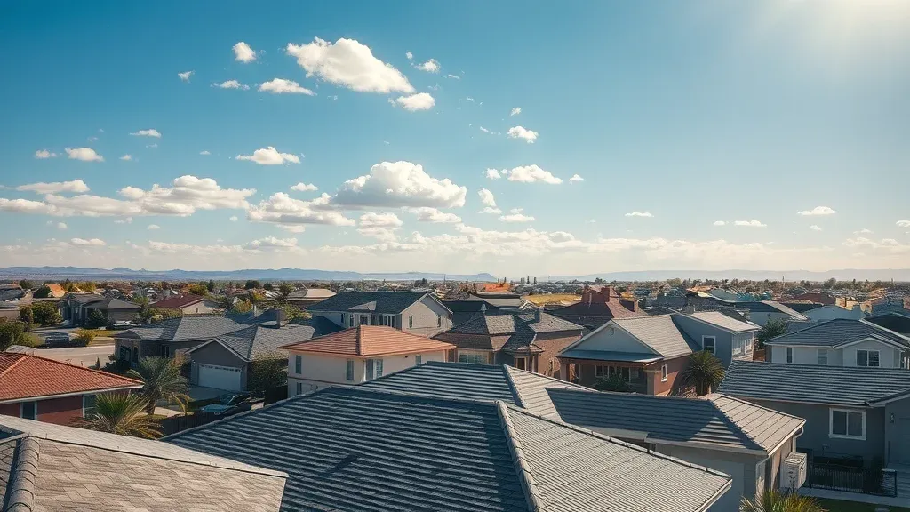 Photorealistic suburban Hobbs NM rooftops with diverse roofing materials under a clear blue sky, illustrating roofing material options and roof replacement cost factors in Hobbs NM