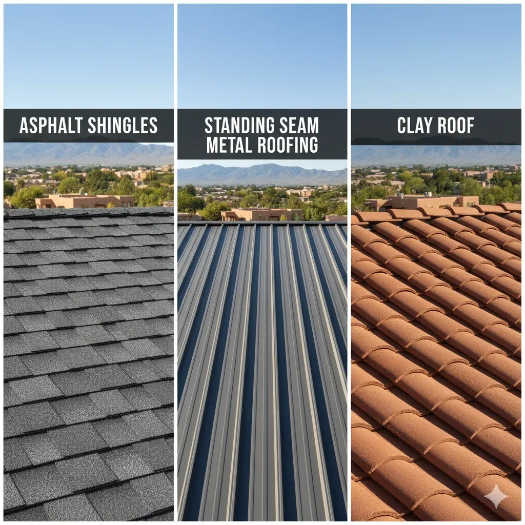 Side-by-side comparison of installed asphalt shingle, metal, and tile roofs — Neutral, informative, showing segments of each roof type, 