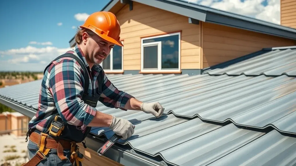 Photorealistic image of experienced contractor finishing a metal roof installation on Hobbs NM house, showing modern metal panels and tools, highlighting the quality and longevity of metal roofs in Hobbs
