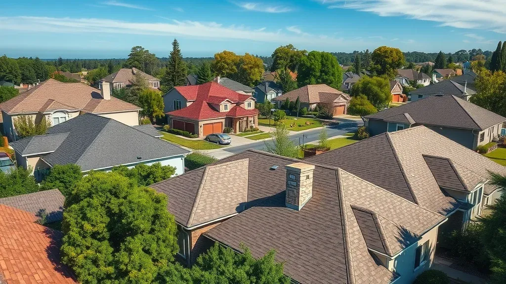 Crisp aerial view of Roswell rooftops after storm, highlighting shingle variation and tree-lined streets for roof repair vs replacement roswell
