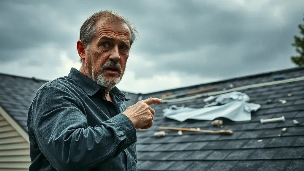 Photorealistic storm-damaged roof Roswell, homeowner pointing out missing shingles after storm for roof repair or replacement