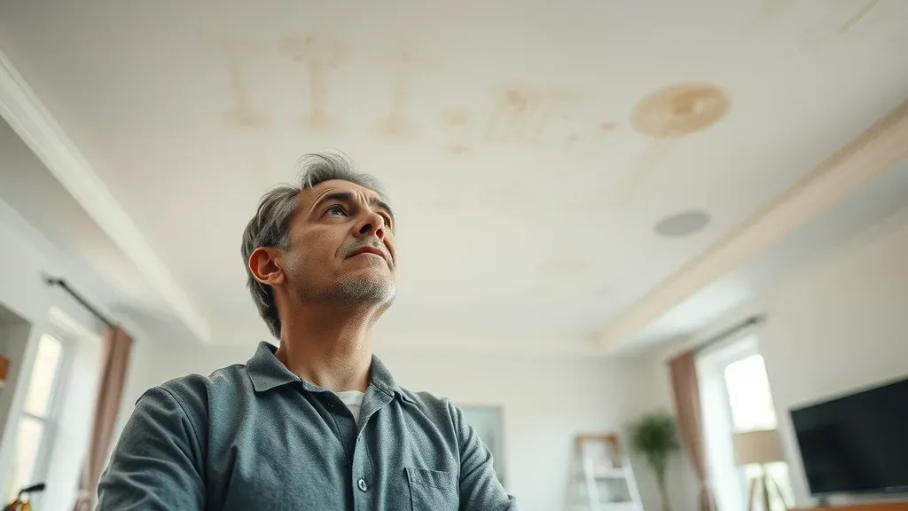 Ceiling with water stain in Roswell home, homeowner checking after roof leak for repair vs replacement decision
