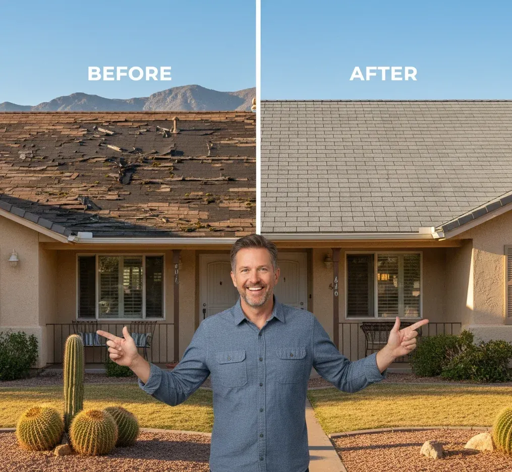 Balanced comparison graphic: happy homeowner with split-screen roof — half older and damaged, half brand-new, neutral expression, pointing at both roofs, styled as photorealistic, set in front-yard of a classic Roswell house,