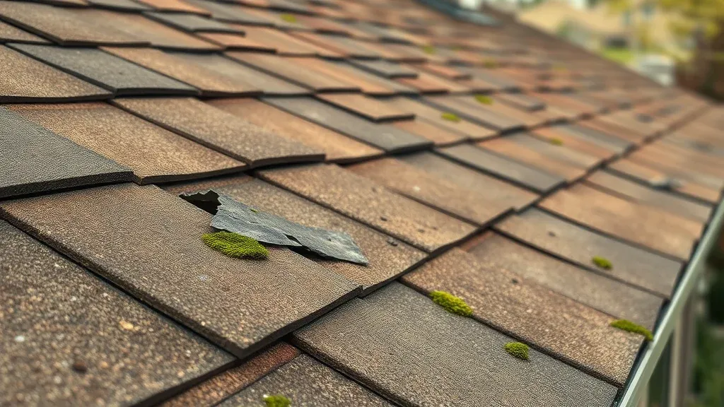 Detailed close-up revealing damaged shingles and moss, signs for roof repair Ruidoso