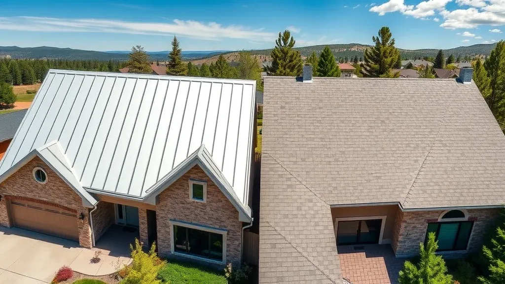 Side-by-side comparison of metal and shingle roofs in Ruidoso