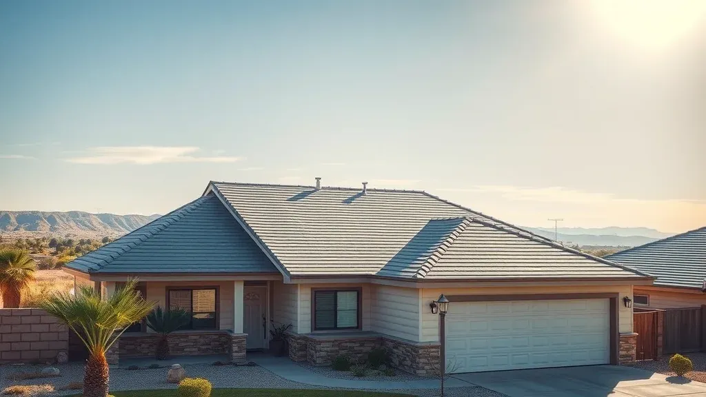 Modern suburban home with new shingle roof — roofing services Carlsbad New Mexico, safe, secure exterior under bright desert sky, Carlsbad NM landscape in background