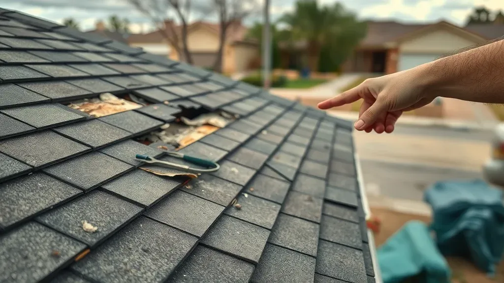 Storm-damaged roof repair underway—roof repair in Carlsbad New Mexico with detailed shingle work, tools, and a focused homeowner