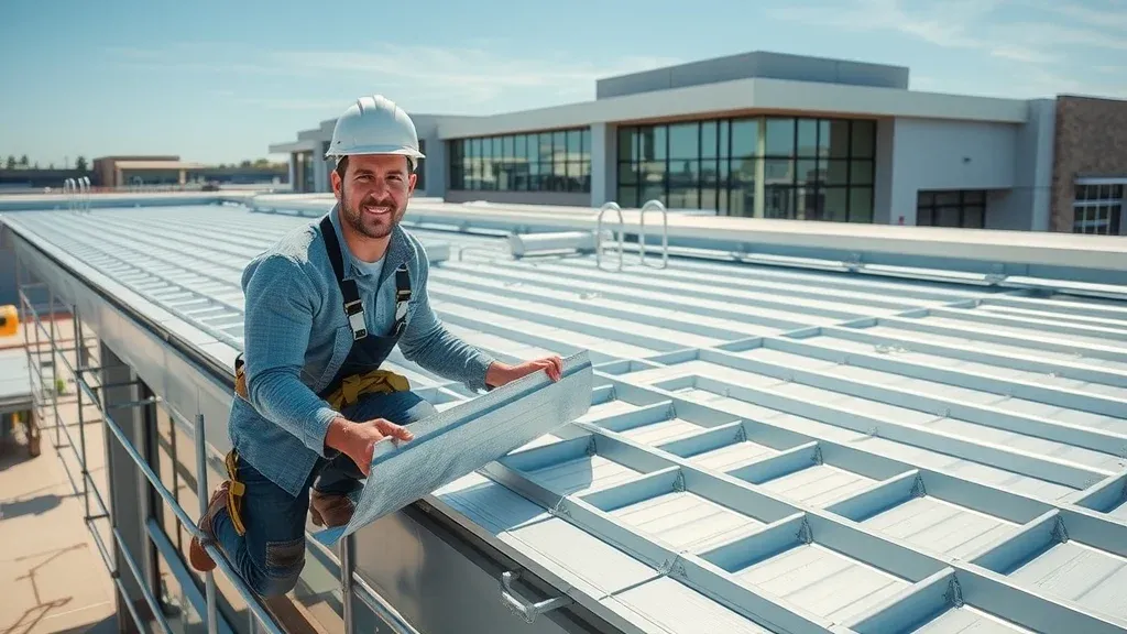 Metal roof installation in Carlsbad New Mexico—expert technician fitting sleek metal panel, clean business exterior, durable materials reflecting sun