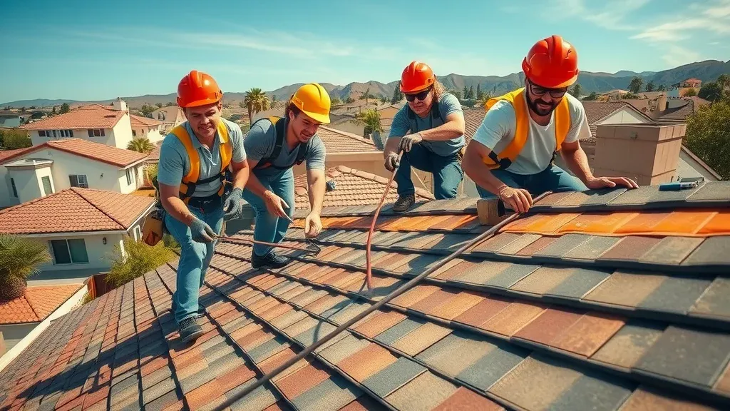 Professional roofing contractors in Carlsbad New Mexico at work—installing shingles with focus and teamwork under Carlsbad skies