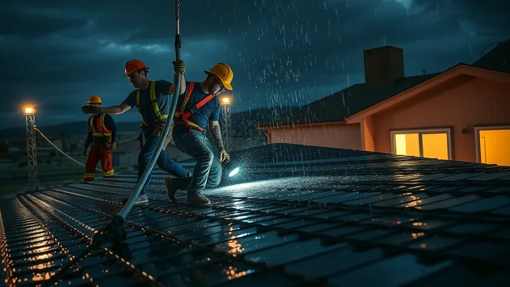 Nighttime emergency roof repair in Carlsbad—technicians fixing a leak under work lights, wet surfaces and urgency, protecting home from damage