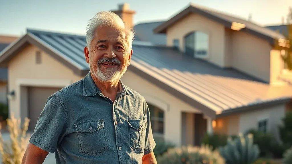 Proud homeowner beside newly installed metal roof—Roofing services Carlsbad New Mexico, positive testimonial, shining roof, and beautiful home