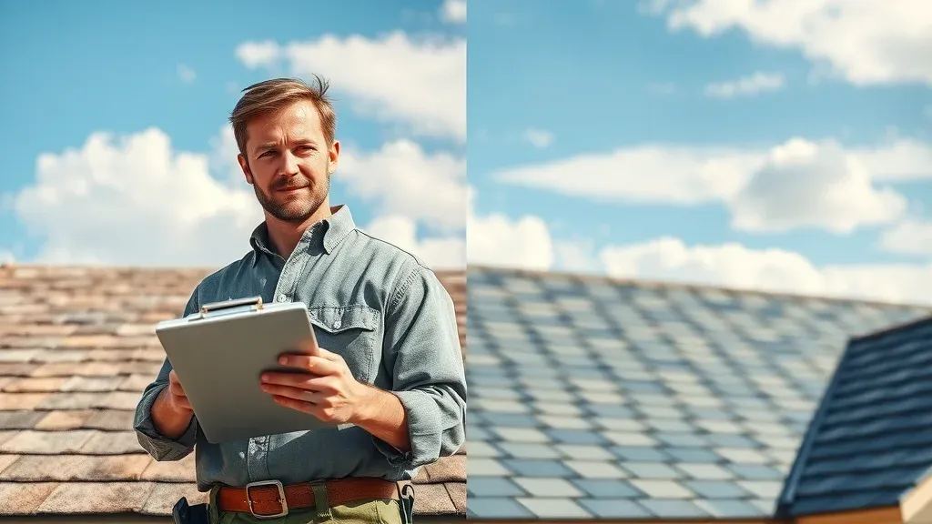 Split image showing half of a Loving New Mexico home's faded, worn shingles and the other half newly restored, with a professional inspector pointing out details—roof restoration vs roof repair