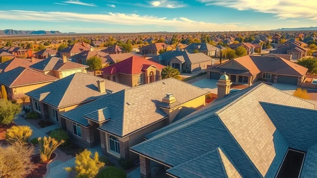 Aerial view of residential homes in Loving, New Mexico showcasing varied roof surfaces with some older and some freshly restored roofs, content homeowners on porches, sun glinting off new shingles, desert vegetation, and blue skies — cost benefits of roof restoration Loving New Mexico