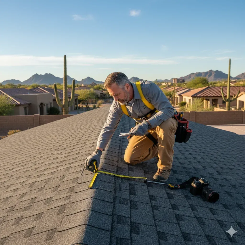 professional roofer using measurement tape and notepad — focused, neutral concentration, crouched position inspecting a large roof, 