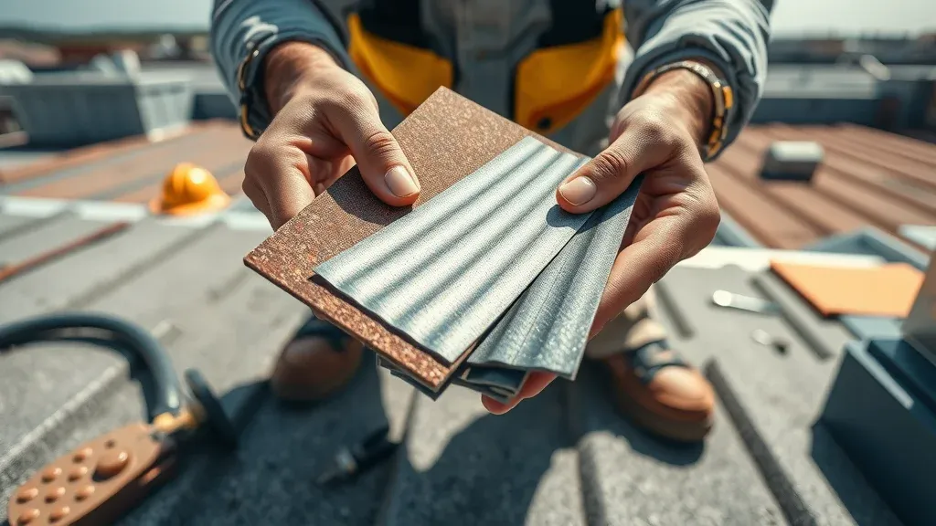 Roofer's hands comparing asphalt, metal, and tile material samples for roof restoration costs on a sunlit rooftop construction table in Loving, New Mexico
